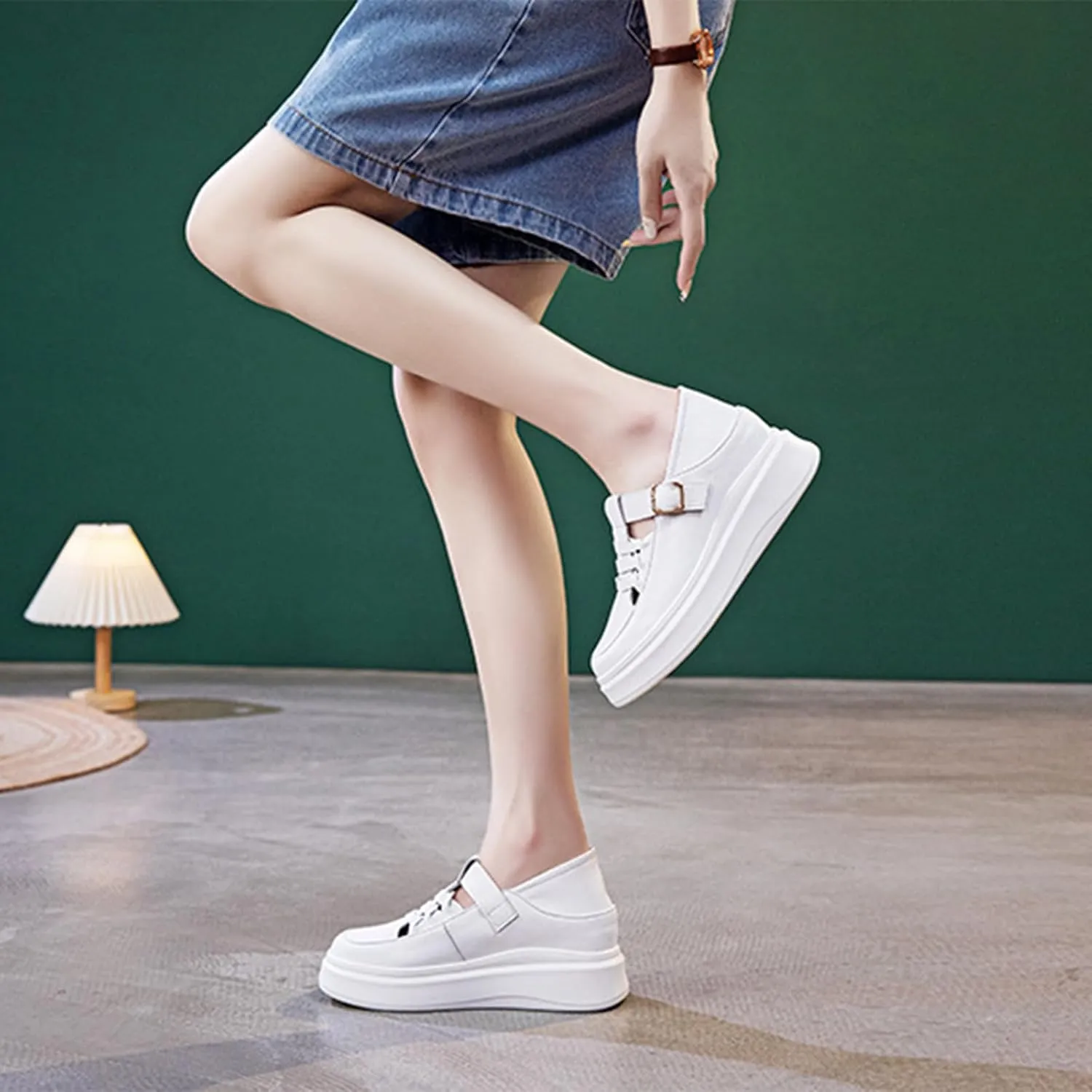 Aceptolcom Women Adjustable Wedge Sneakers Platform Sneakers,Leather Hook and Loop Hidden Height Increase Non-Slip Wedge Heel Sneakers