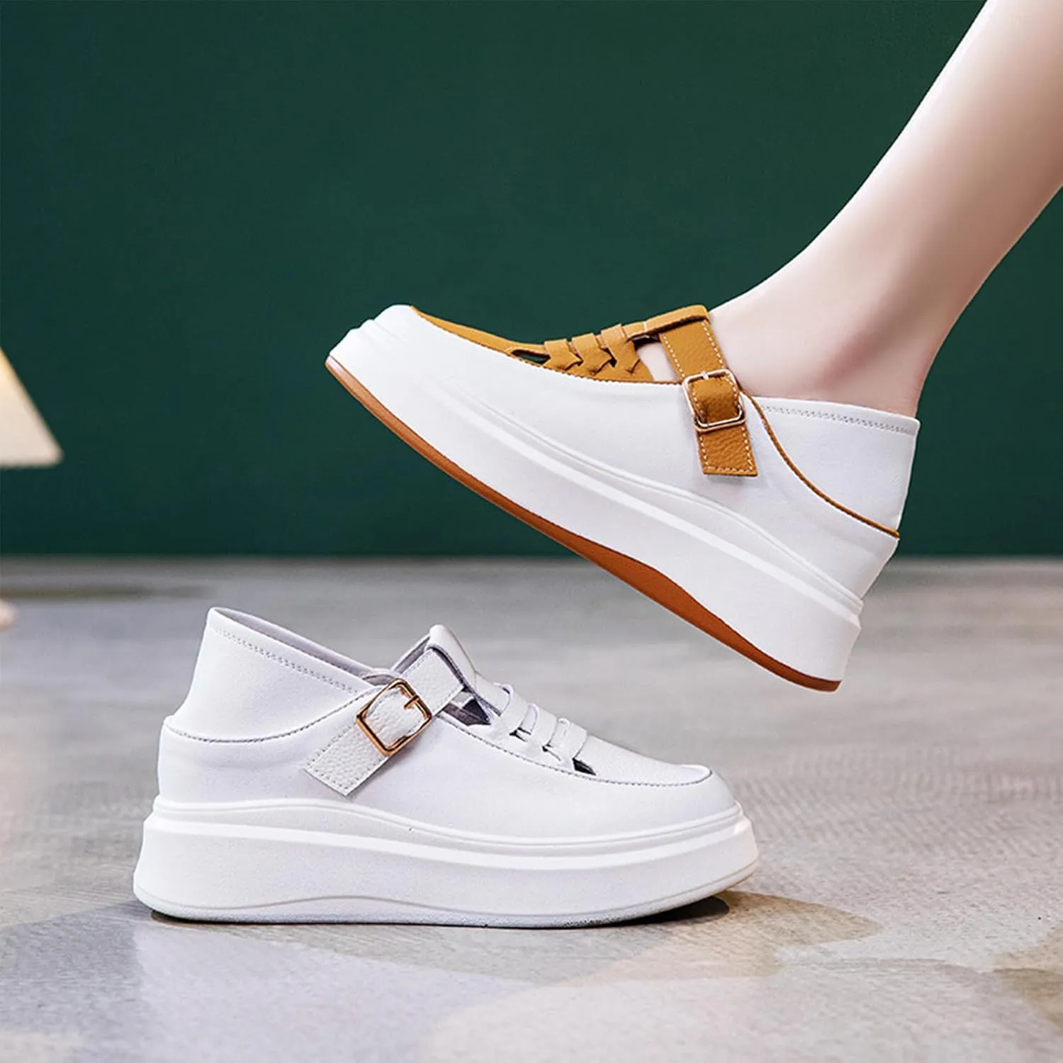 Aceptolcom Women Adjustable Wedge Sneakers Platform Sneakers,Leather Hook and Loop Hidden Height Increase Non-Slip Wedge Heel Sneakers