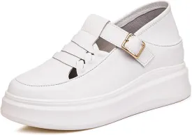 Aceptolcom Women Adjustable Wedge Sneakers Platform Sneakers,Leather Hook and Loop Hidden Height Increase Non-Slip Wedge Heel Sneakers