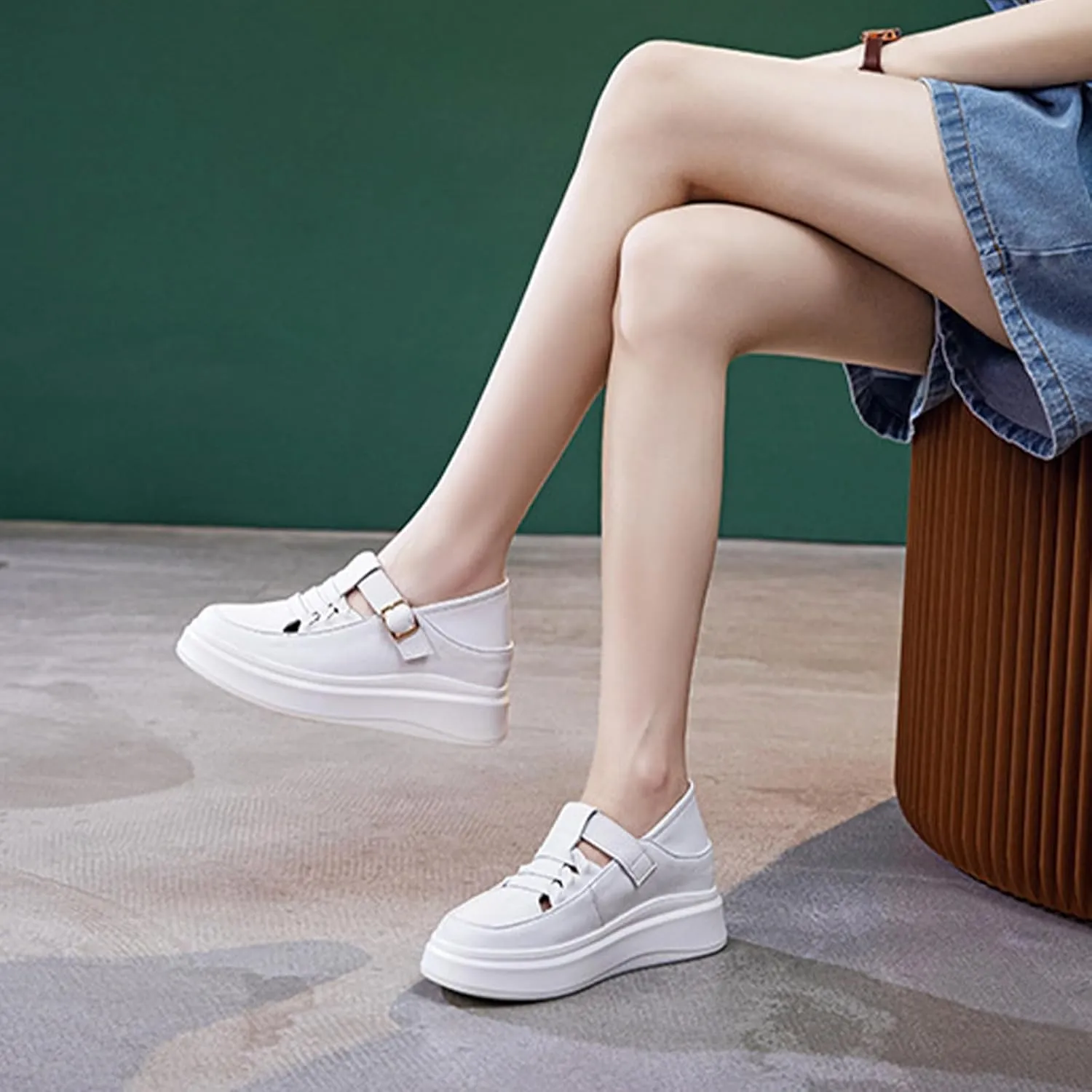 Aceptolcom Women Adjustable Wedge Sneakers Platform Sneakers,Leather Hook and Loop Hidden Height Increase Non-Slip Wedge Heel Sneakers