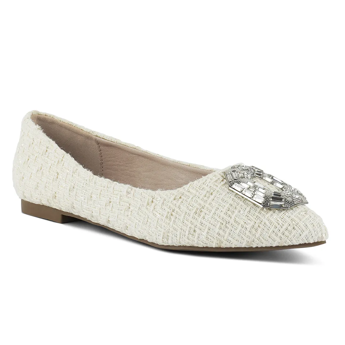 Aria Embellished Jewel Buckle Tweed Ballet Flats