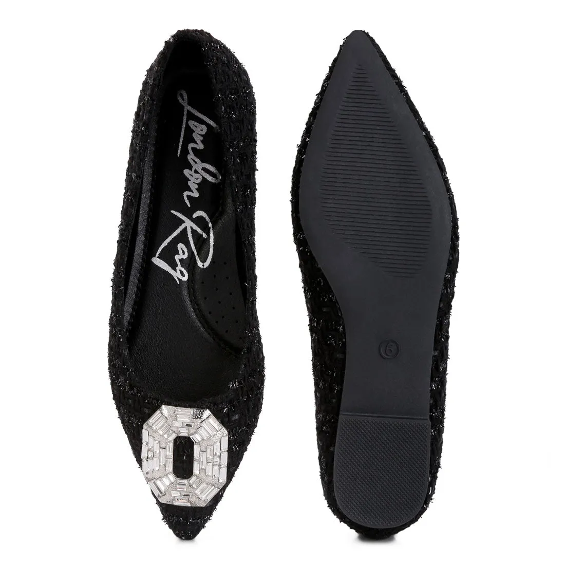 Aria Embellished Jewel Buckle Tweed Ballet Flats
