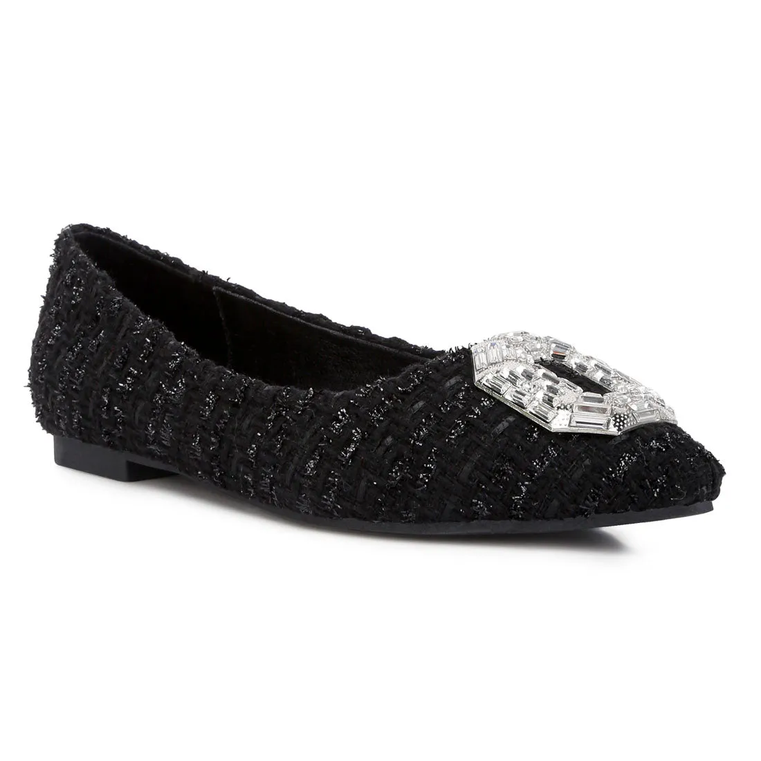 Aria Embellished Jewel Buckle Tweed Ballet Flats