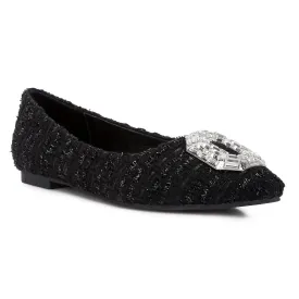 Aria Embellished Jewel Buckle Tweed Ballet Flats