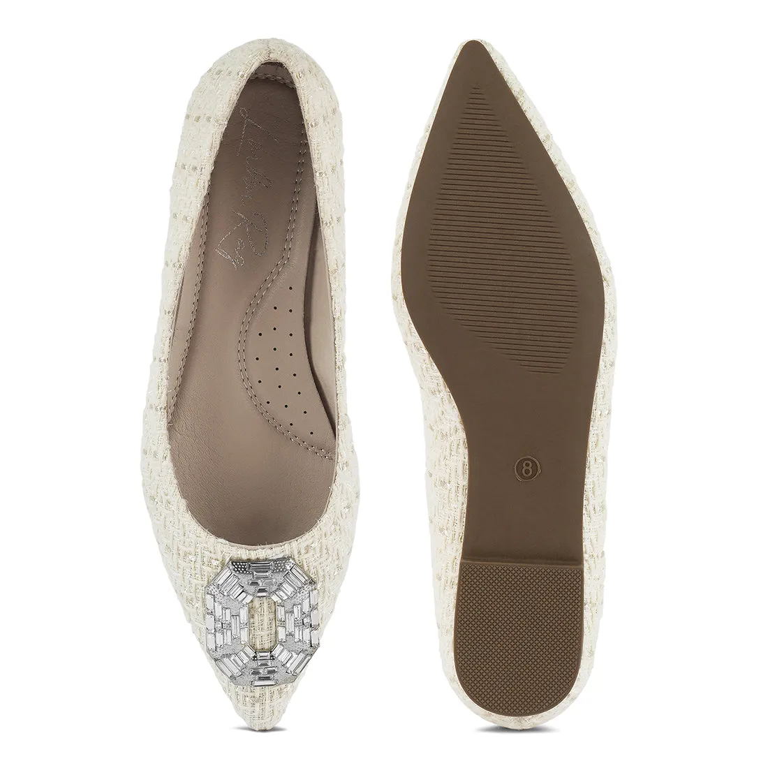 Aria Embellished Jewel Buckle Tweed Ballet Flats