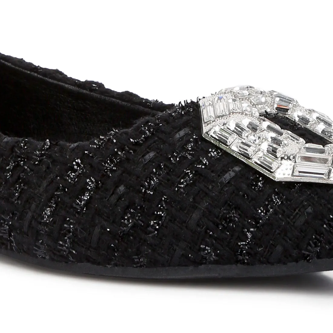 Aria Embellished Jewel Buckle Tweed Ballet Flats