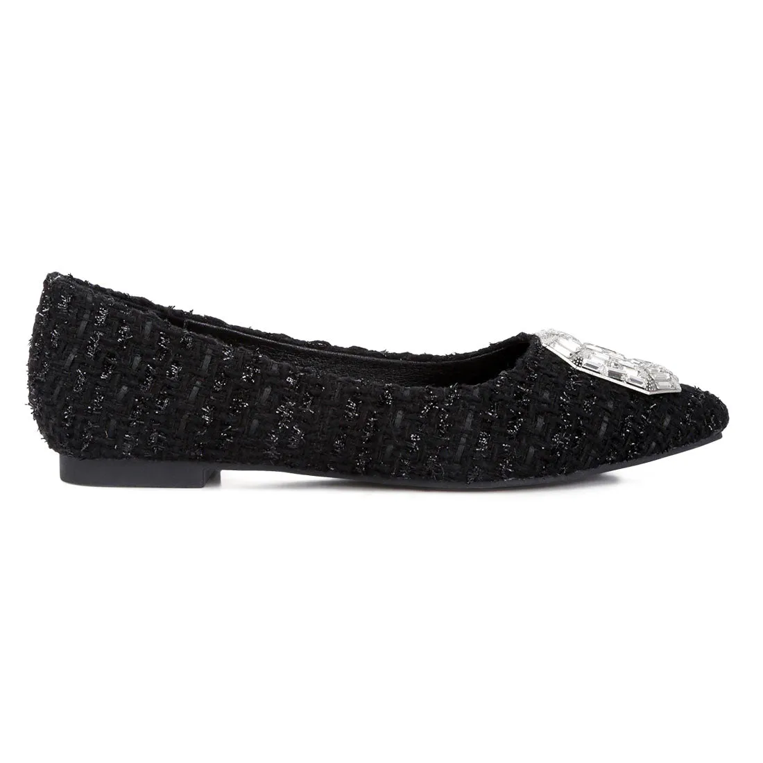 Aria Embellished Jewel Buckle Tweed Ballet Flats