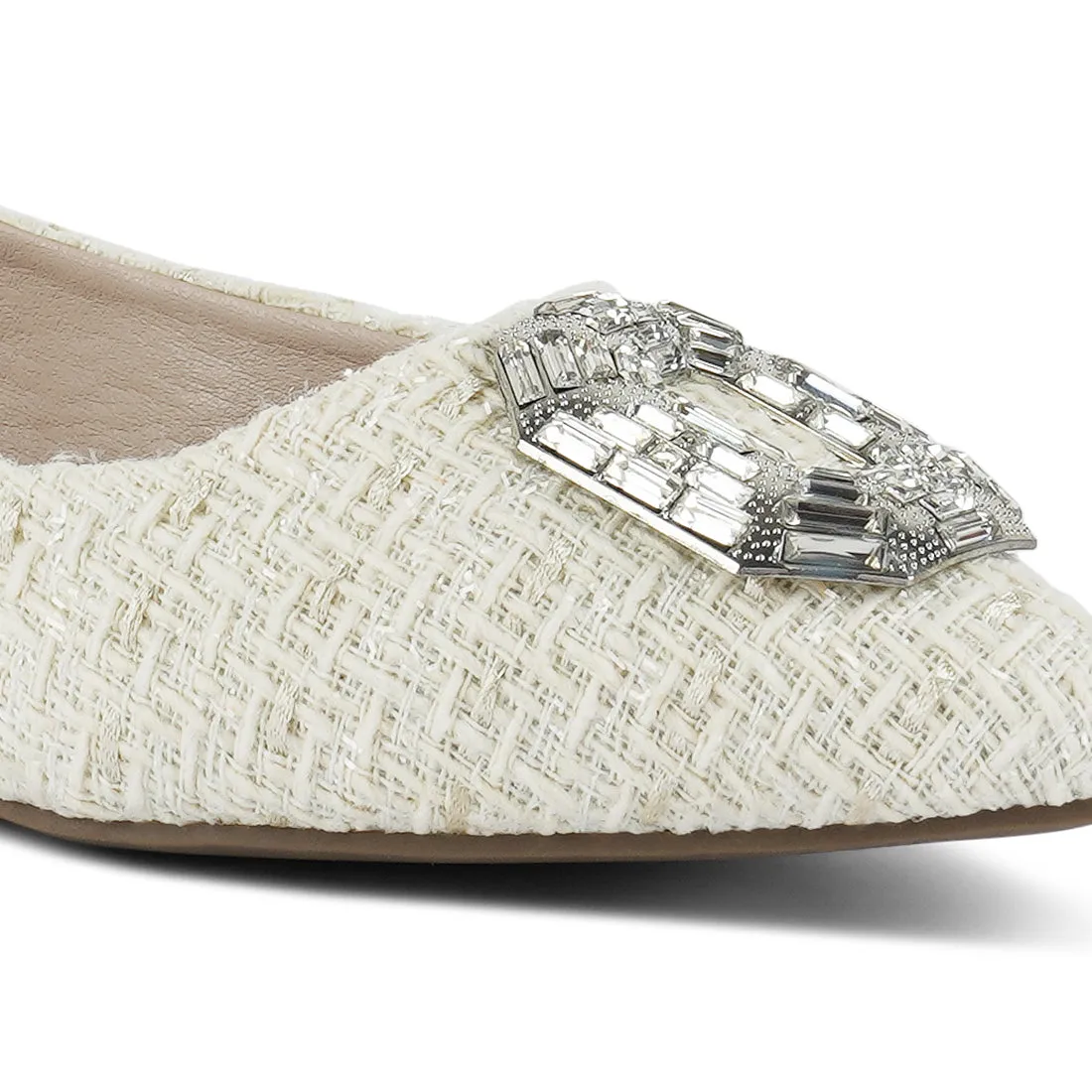 Aria Embellished Jewel Buckle Tweed Ballet Flats