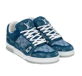 Blue Denim Logo Monogram Low Top LV Trainer Sneakers