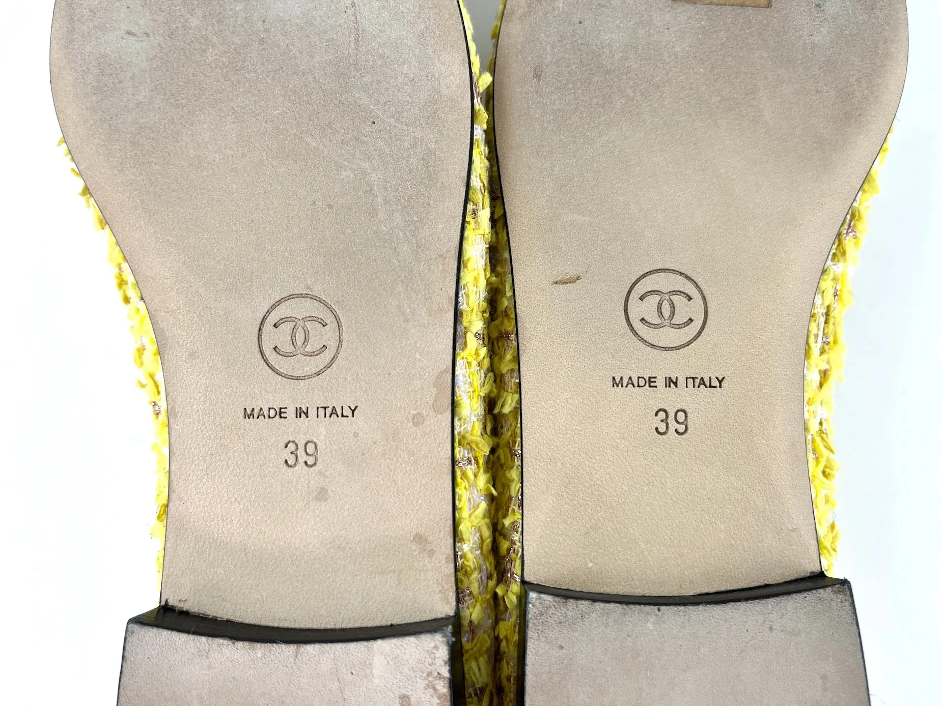 Chanel 20P Yellow Tweed Black Cap Toe Ballerina Flats 39
