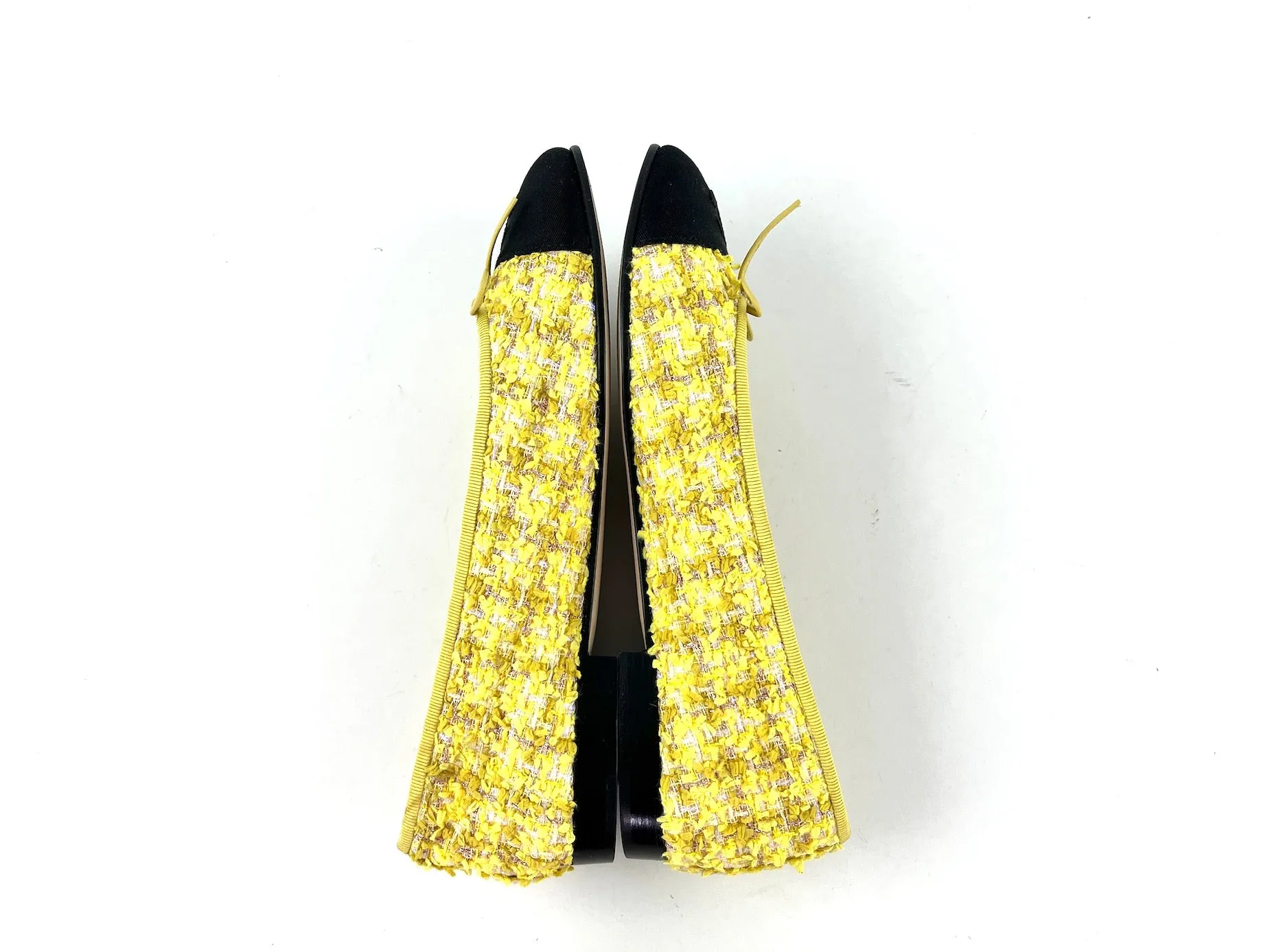 Chanel 20P Yellow Tweed Black Cap Toe Ballerina Flats 39