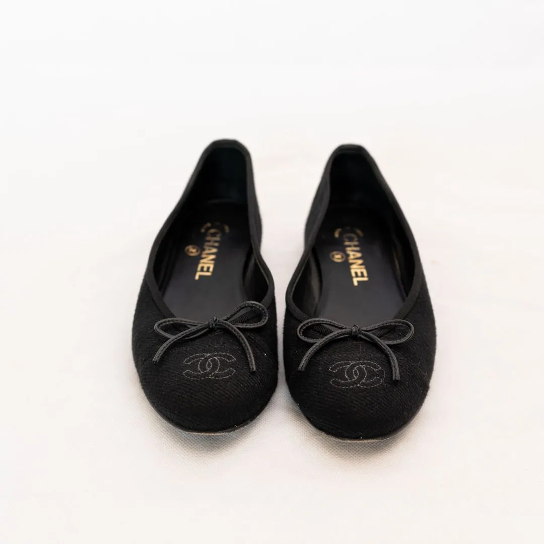 Chanel Black Fabric Ballerina Flats  36.5