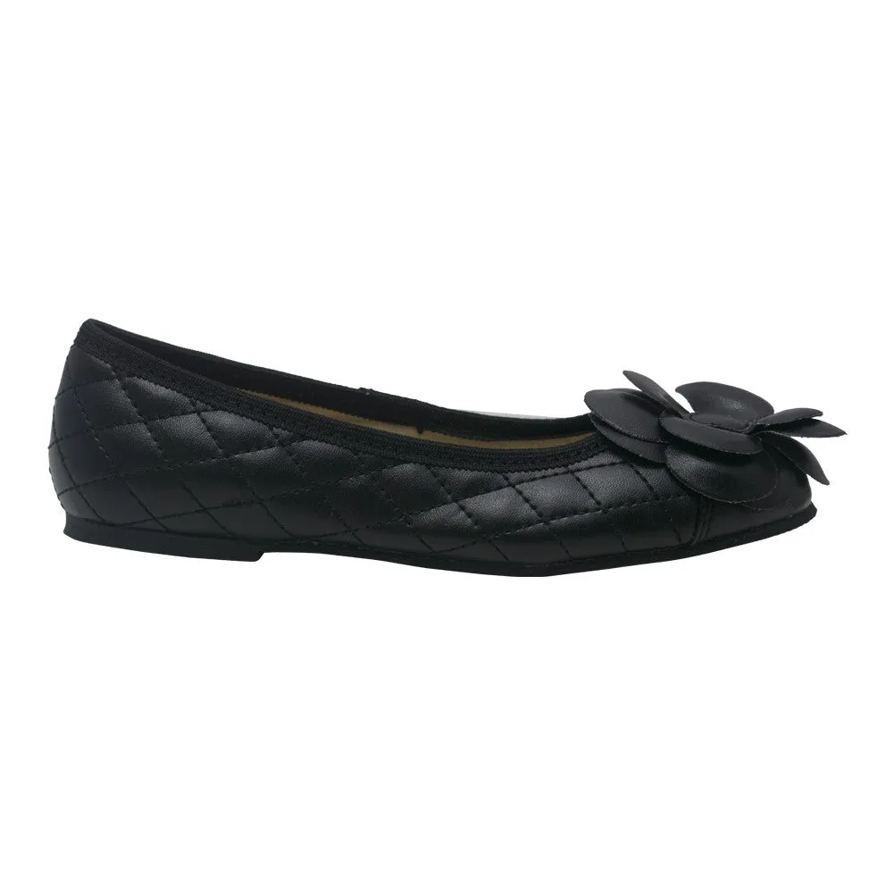 Girls Black Quilted Flower Ballet Trendy Flats 7-10 Toddler