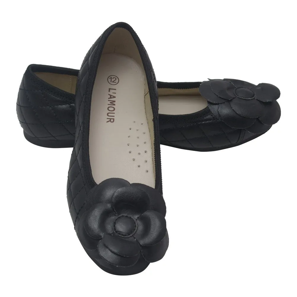 Girls Black Quilted Flower Ballet Trendy Flats 7-10 Toddler