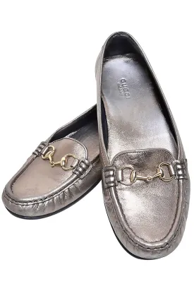 Gucci Womens Metallic Loafer Driver Shoes with Horse Bit Buckles Size 37.5