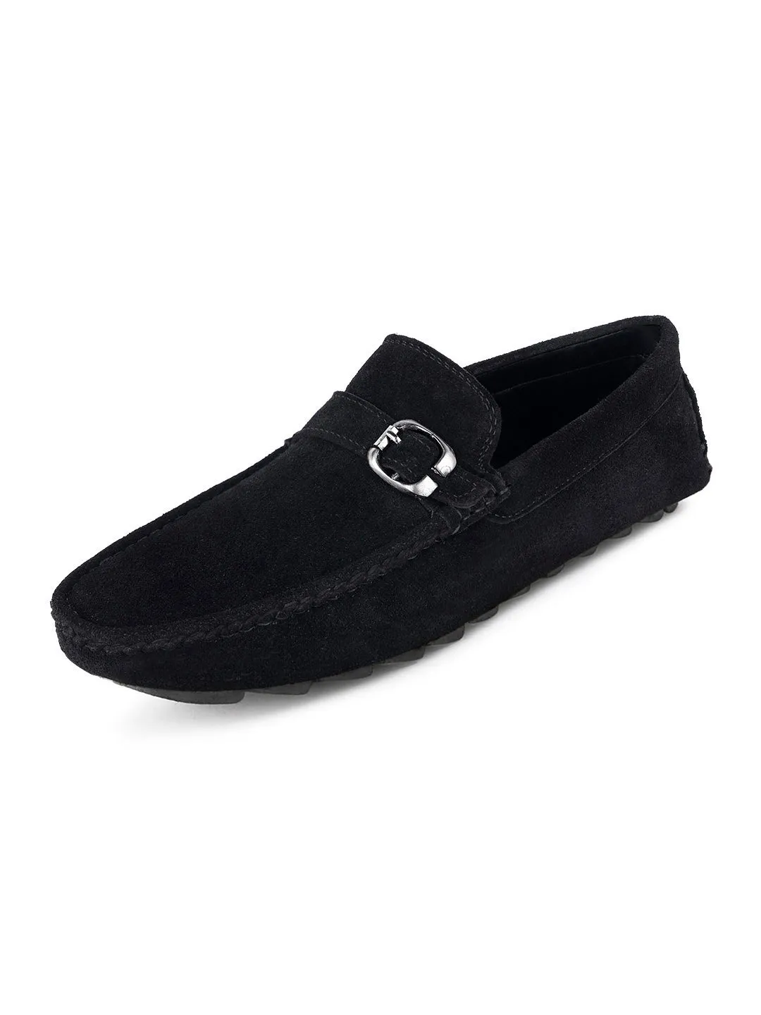 Jet Black Handmade Italian Suede Leather Solid Penny Loafers with Buckle