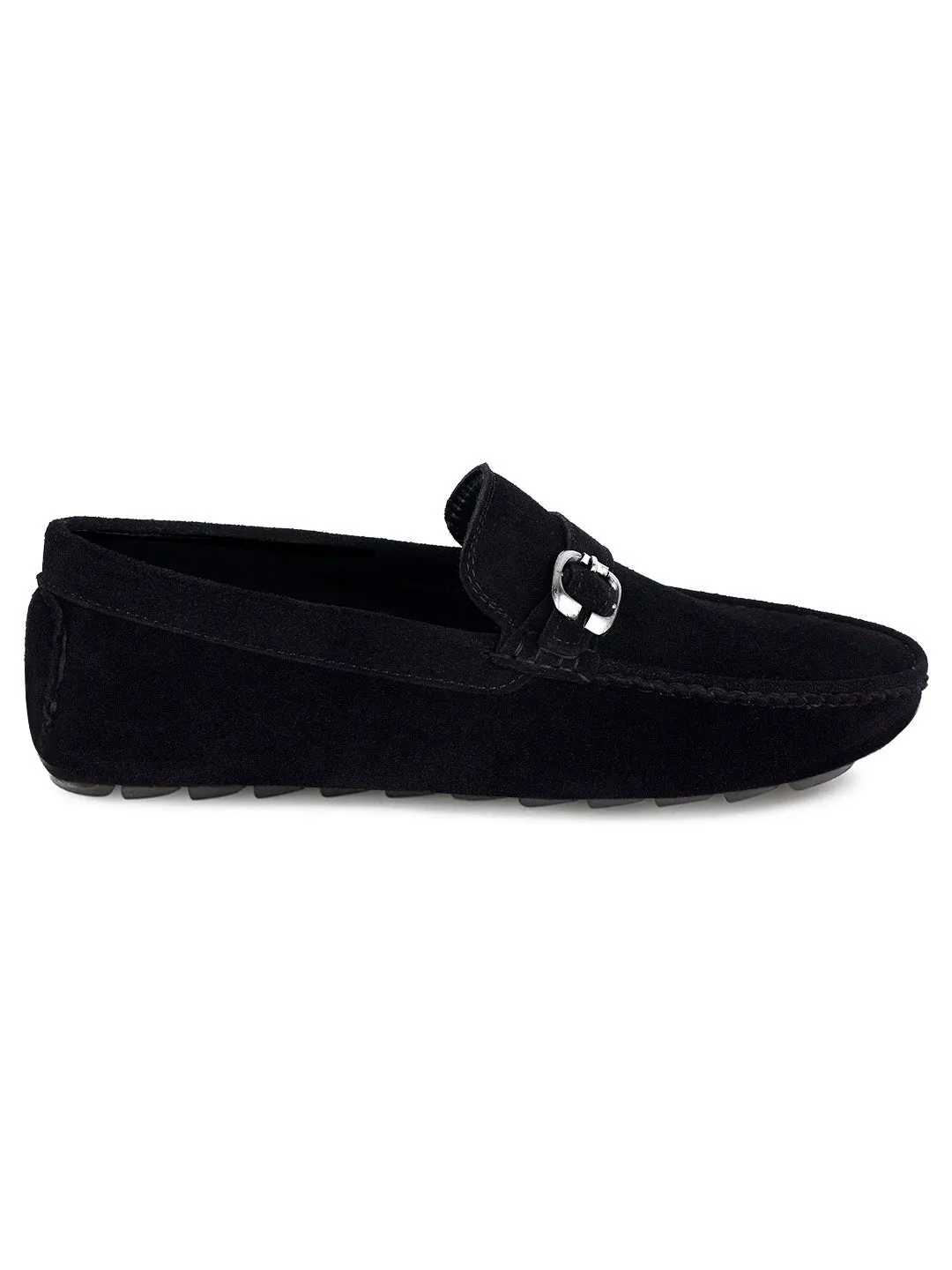 Jet Black Handmade Italian Suede Leather Solid Penny Loafers with Buckle