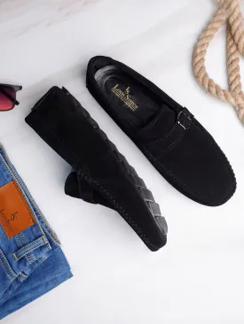 Jet Black Handmade Italian Suede Leather Solid Penny Loafers with Buckle