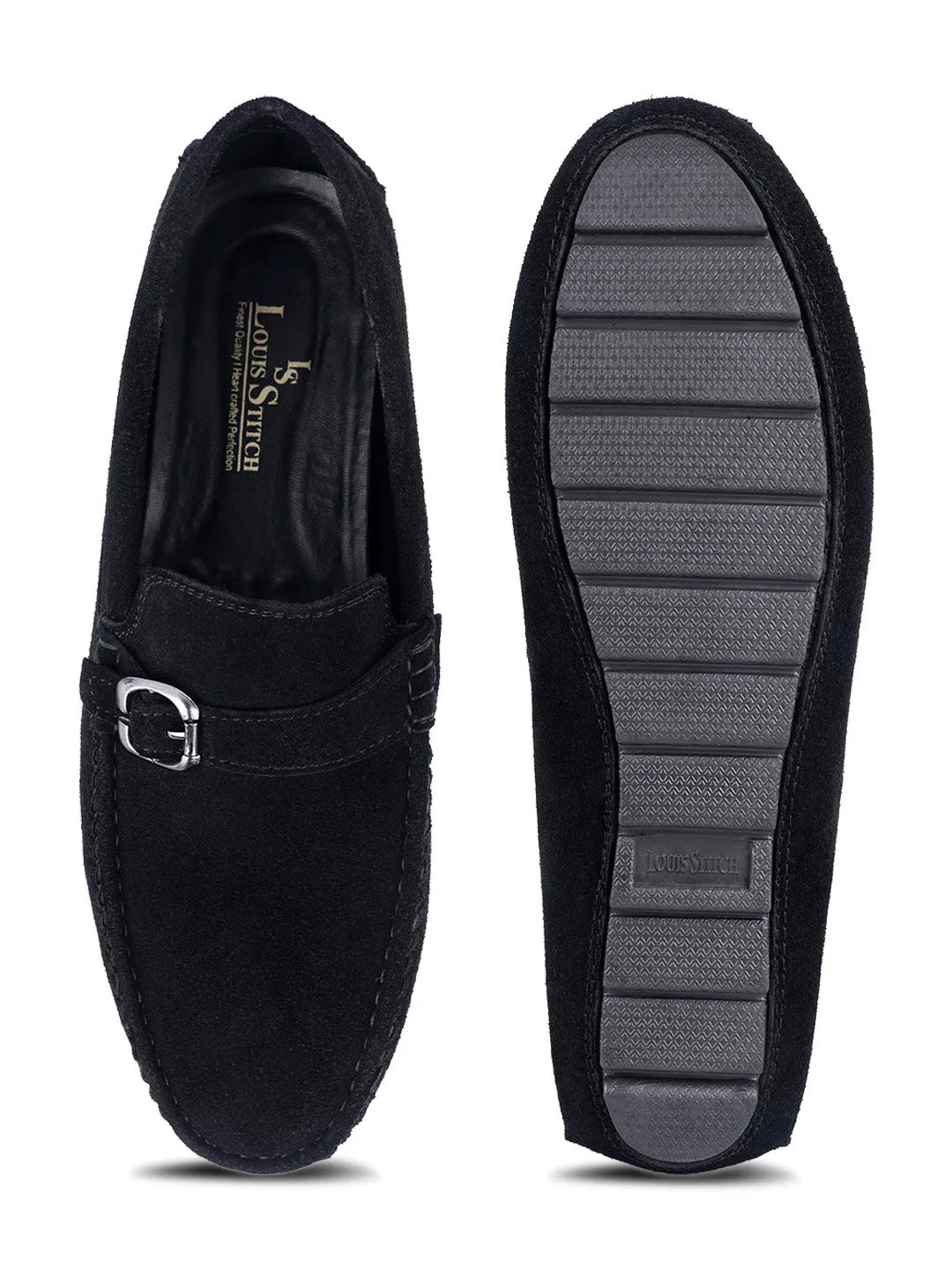 Jet Black Handmade Italian Suede Leather Solid Penny Loafers with Buckle