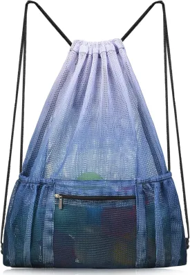 Nidoul Mesh Drawstring Bag with Zipper Pocket, Beach Bag for Swimming Gear Backpack Gym Storage Bag for Adult Kids