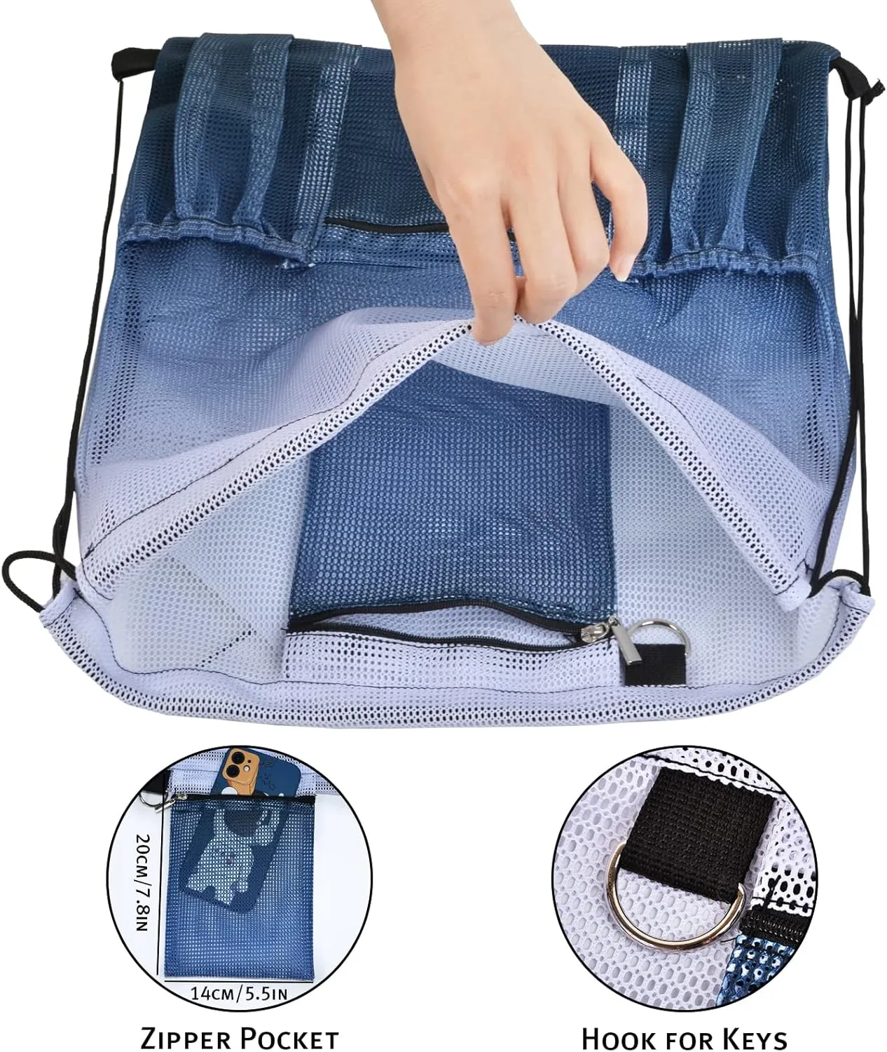 Nidoul Mesh Drawstring Bag with Zipper Pocket, Beach Bag for Swimming Gear Backpack Gym Storage Bag for Adult Kids