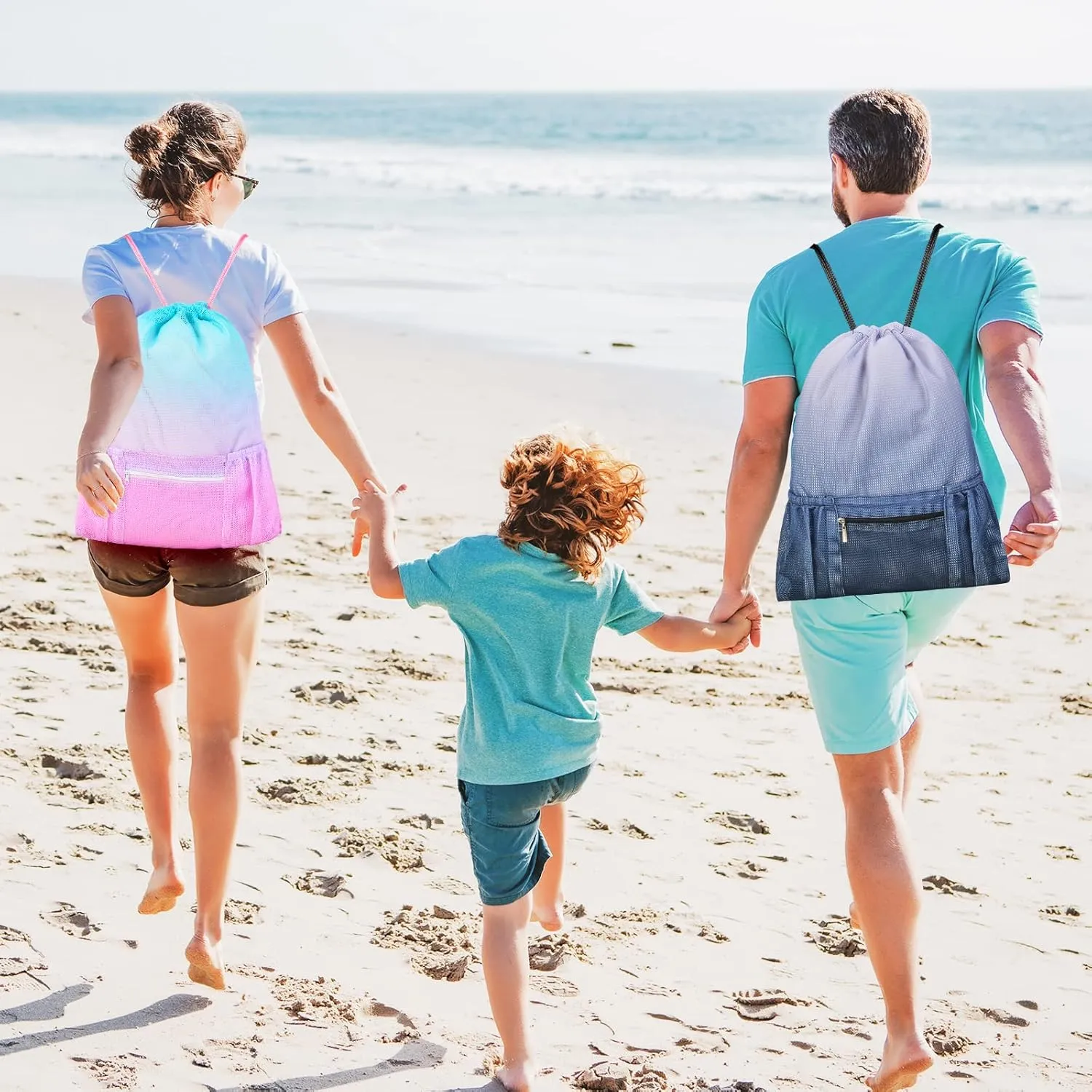 Nidoul Mesh Drawstring Bag with Zipper Pocket, Beach Bag for Swimming Gear Backpack Gym Storage Bag for Adult Kids