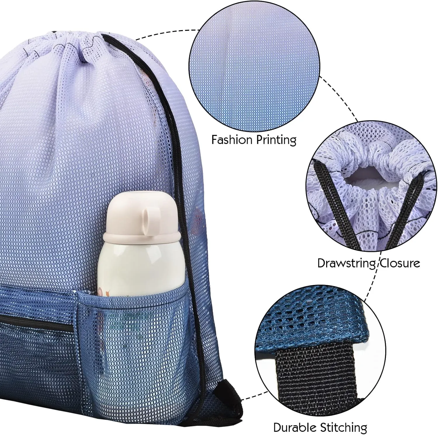 Nidoul Mesh Drawstring Bag with Zipper Pocket, Beach Bag for Swimming Gear Backpack Gym Storage Bag for Adult Kids
