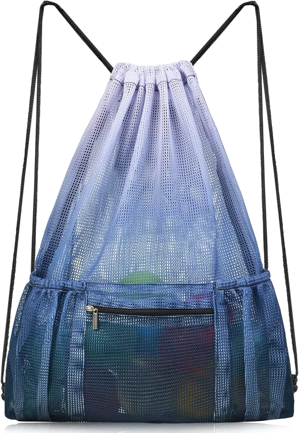 Nidoul Mesh Drawstring Bag with Zipper Pocket, Beach Bag for Swimming Gear Backpack Gym Storage Bag for Adult Kids