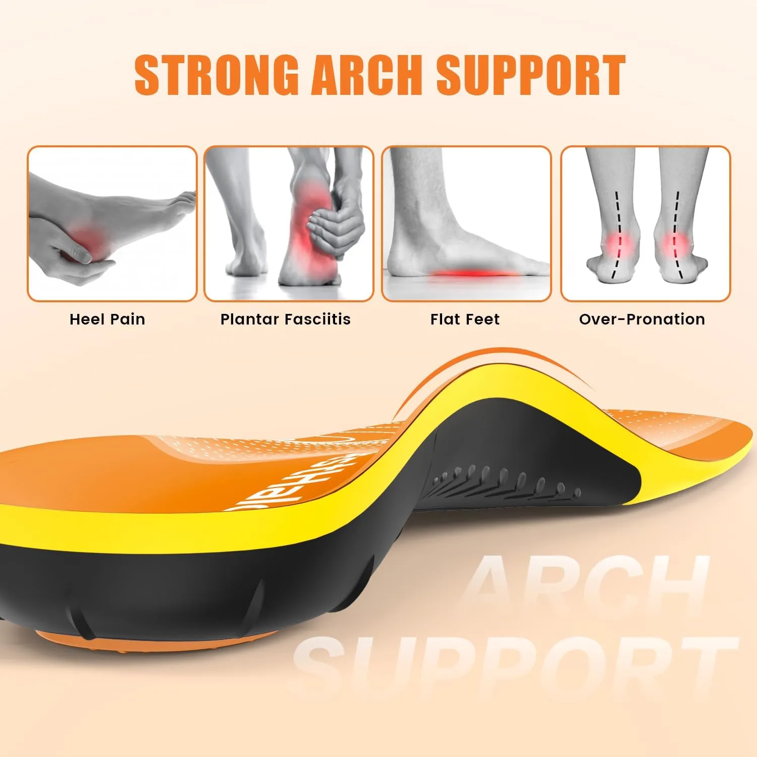 Plantar Fasciitis Insoles - High Arch Support Inserts, Gel Cushion, Relief for Flat Feet - 220  lbs Orthotics Insoles Ideal for Work Boots (Orange, Men 9-10.5 | Women 10-11.5)