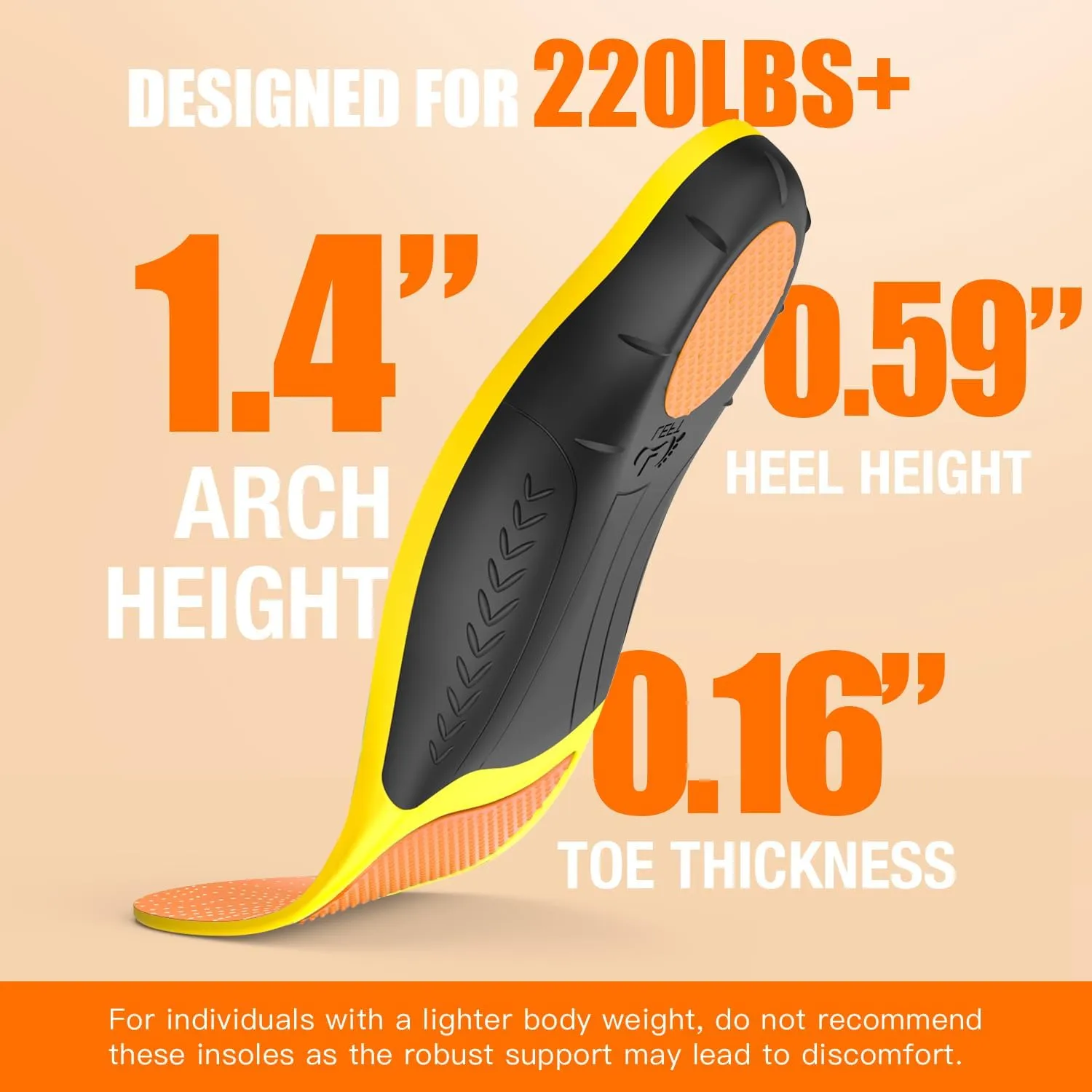 Plantar Fasciitis Insoles - High Arch Support Inserts, Gel Cushion, Relief for Flat Feet - 220  lbs Orthotics Insoles Ideal for Work Boots (Orange, Men 9-10.5 | Women 10-11.5)
