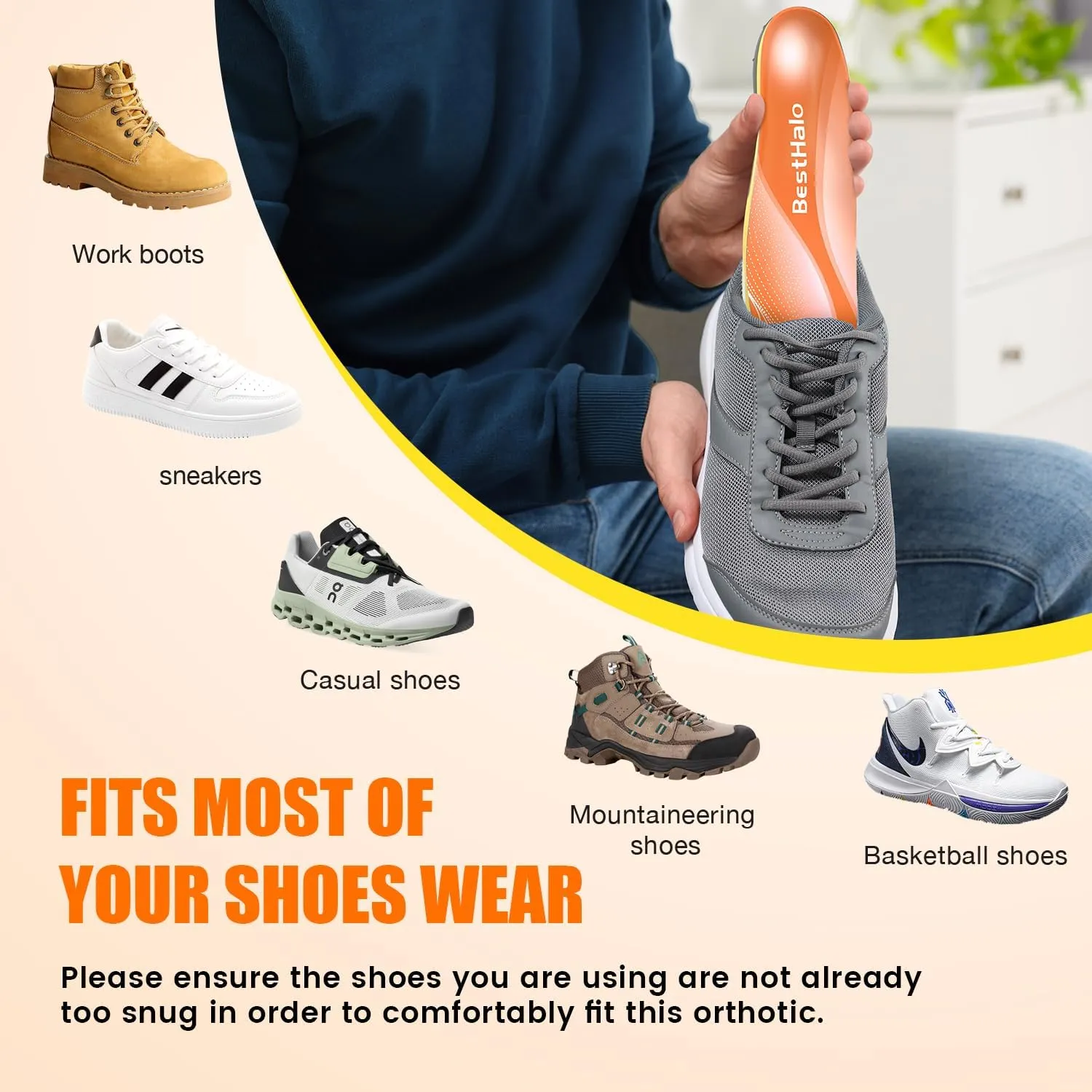 Plantar Fasciitis Insoles - High Arch Support Inserts, Gel Cushion, Relief for Flat Feet - 220  lbs Orthotics Insoles Ideal for Work Boots (Orange, Men 9-10.5 | Women 10-11.5)