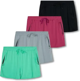 Real Essentials 4 Pack: Womens Athletic Dry-Fit Lounge Shorts with Zipper Pockets (Available in Plus Size)