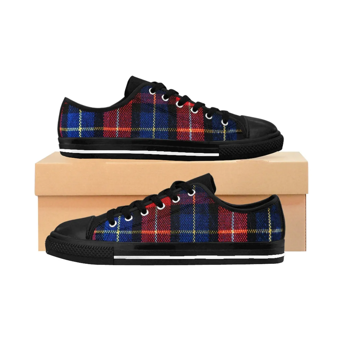 Red Blue Plaid Sneakers, Red Tartan Print Designer Low Top Women's Sneakers Shoes (US Size: 6-12)