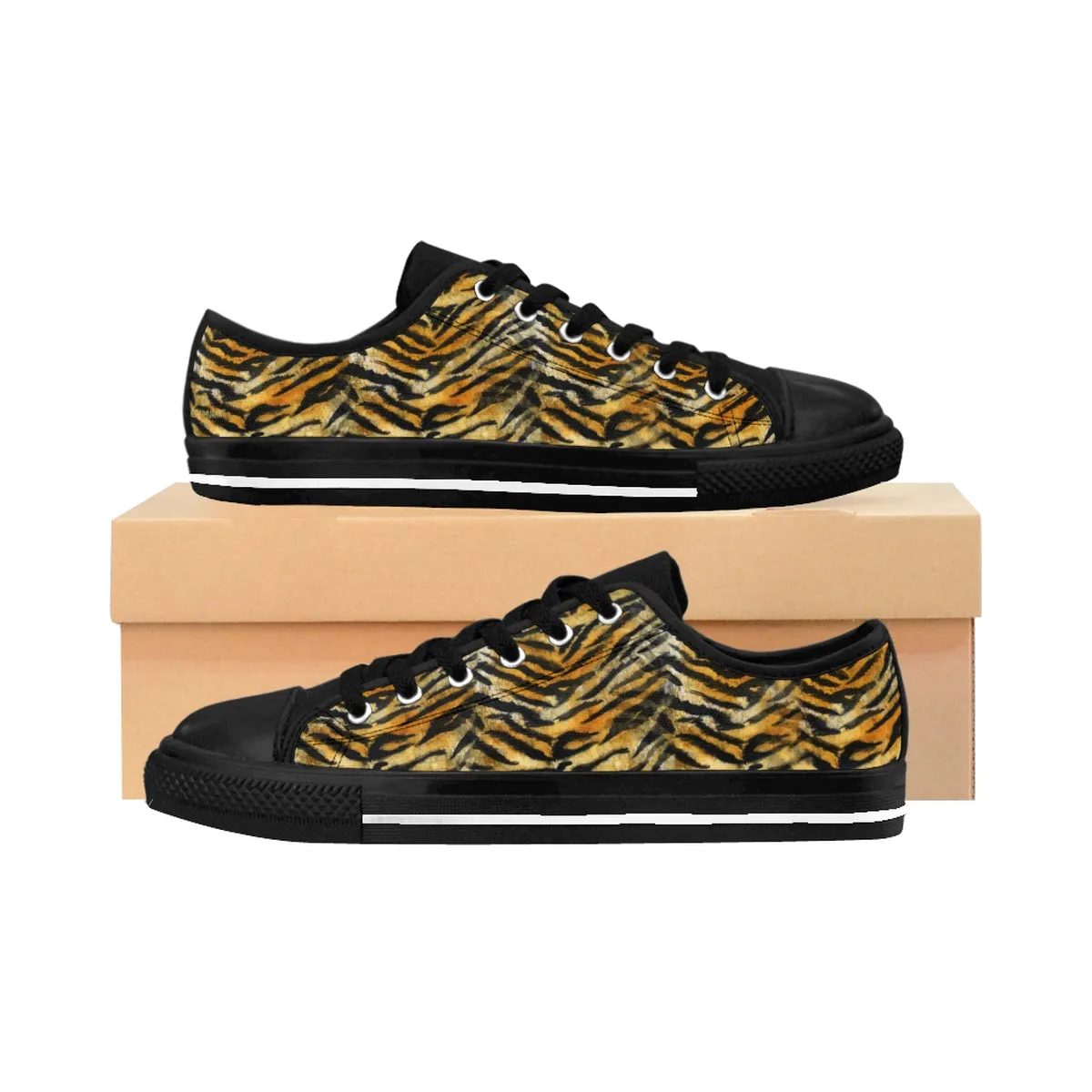 Tiger Striped Men's Sneakers, Orange Animal Print Men's Low Top Running Tennis Shoes